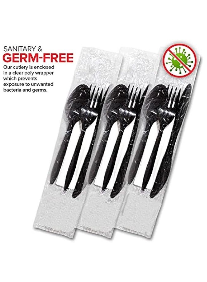 [50 Pack] Black Plastic Cutlery Set with | Disposable Utensils for Camping, Traveling, and Party Supplies | Knife, Fork, Spoon