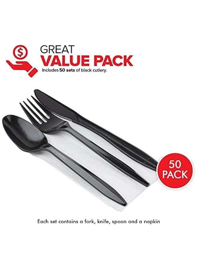 [50 Pack] Black Plastic Cutlery Set with | Disposable Utensils for Camping, Traveling, and Party Supplies | Knife, Fork, Spoon