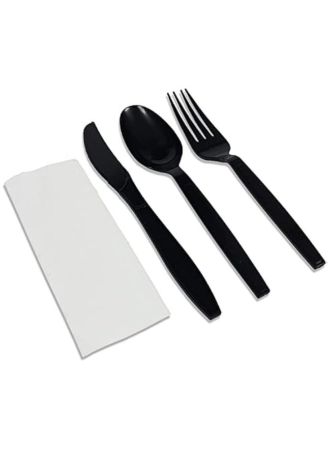 [50 Pack] Black Plastic Cutlery Set with | Disposable Utensils for Camping, Traveling, and Party Supplies | Knife, Fork, Spoon