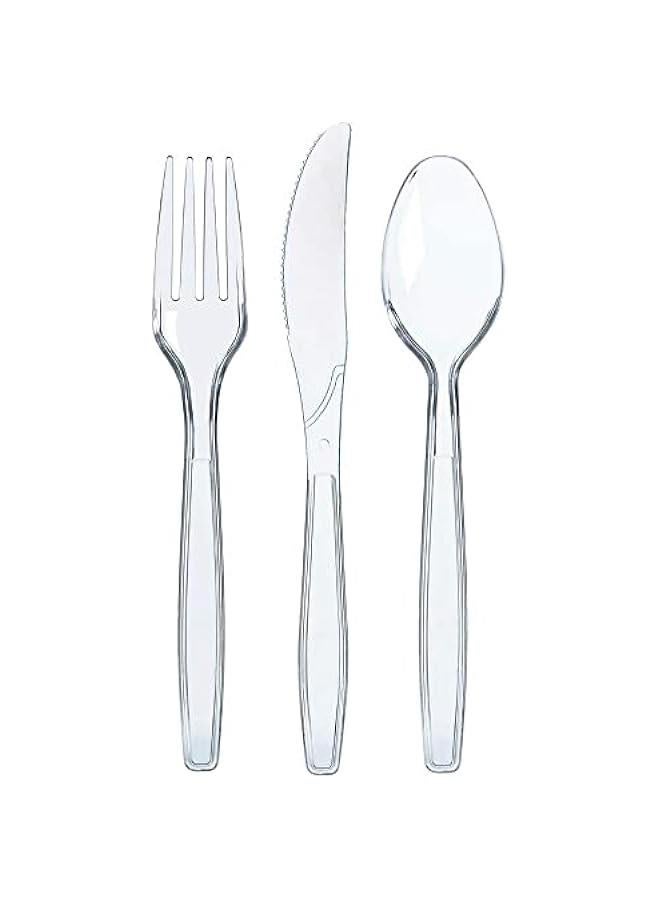 300 Plastic Silverware Set, Clear Plastic Cutlery Set, Disposable Set -100 Clear Plastic Forks, 100 Plastic Spoons, 100 Plastic Knives, Heavy Duty Bulk Disposable Flatware Plastic Utensils Set