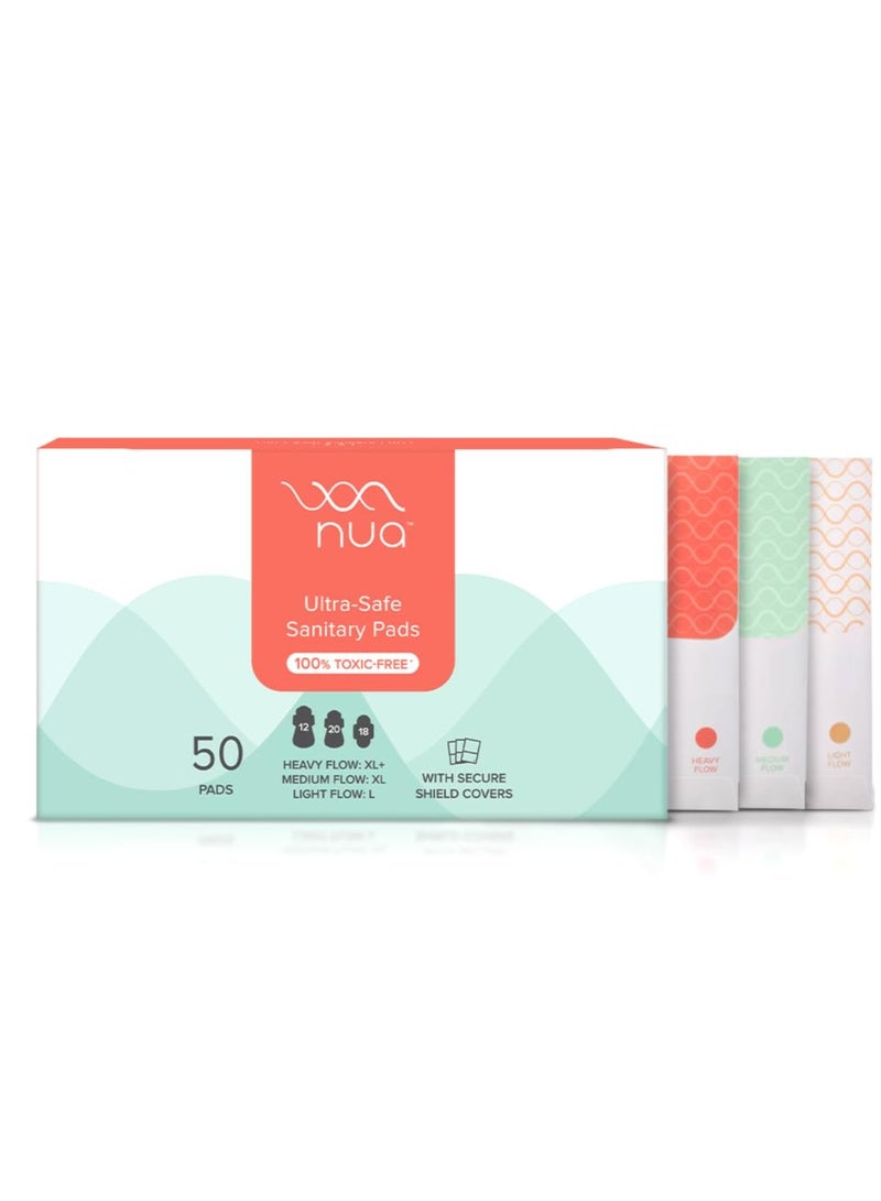 Nua Ultra Safe 50 Sanitary Pads For Women | 3 sizes in 1: 12 Heavy Flow-XL+, 20 Medium-XL & 18 Light-L | Toxic-Free & Rash-Free | Unscented | Leakproof | With 50 Disposal Pouches| Bulk Pack