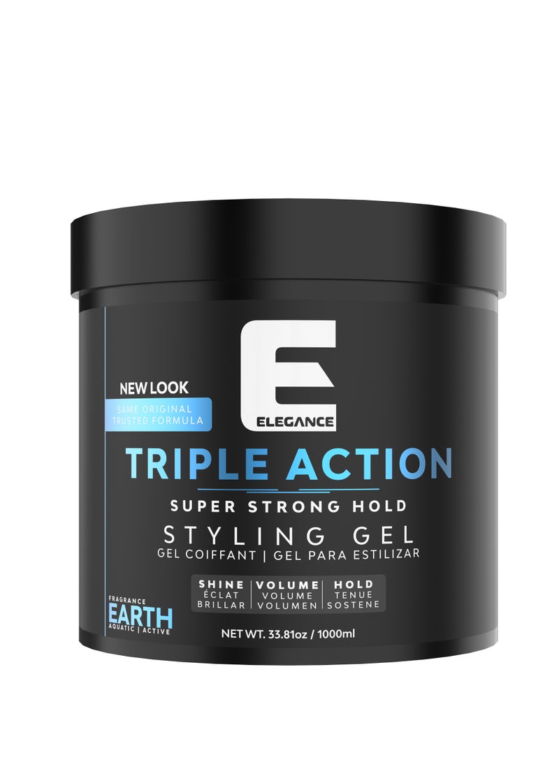 Elegance-E Series Earth Triple Action Styling Gel 1000ml- Super Strong Hold, Volumizing, Flake-Free with Long-Lasting Shine and Refreshing Fragrance