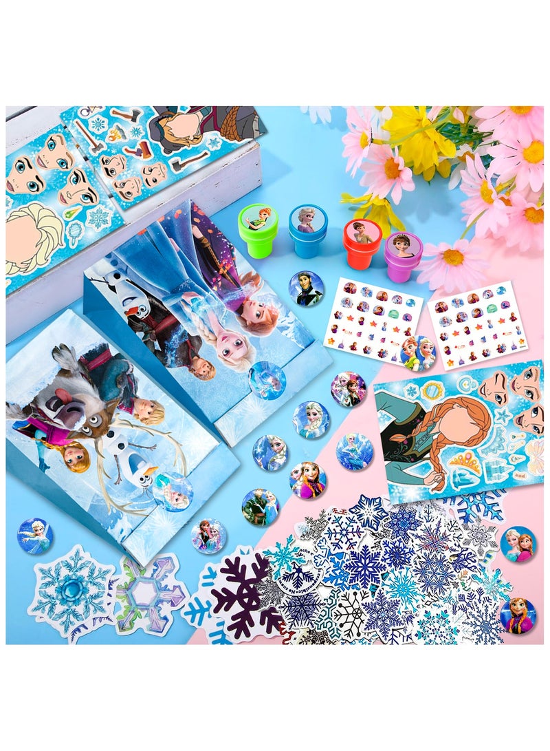 Frozen Party Favors, 115pcs All-in-One Frozen Birthday Party Favors Set Including Frozen Party Favor Bags Stamper Stickers Badges etc Elsa Party Favors for Frozen Party Decorations Supplies