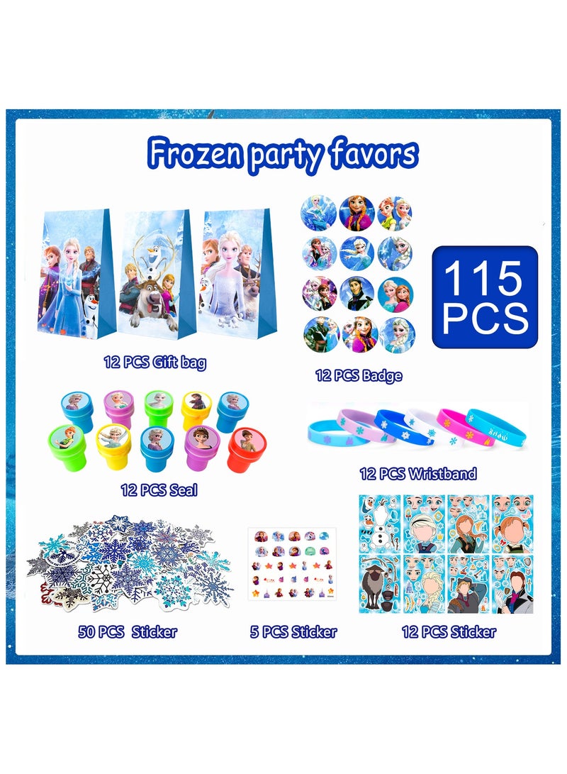 Frozen Party Favors, 115pcs All-in-One Frozen Birthday Party Favors Set Including Frozen Party Favor Bags Stamper Stickers Badges etc Elsa Party Favors for Frozen Party Decorations Supplies