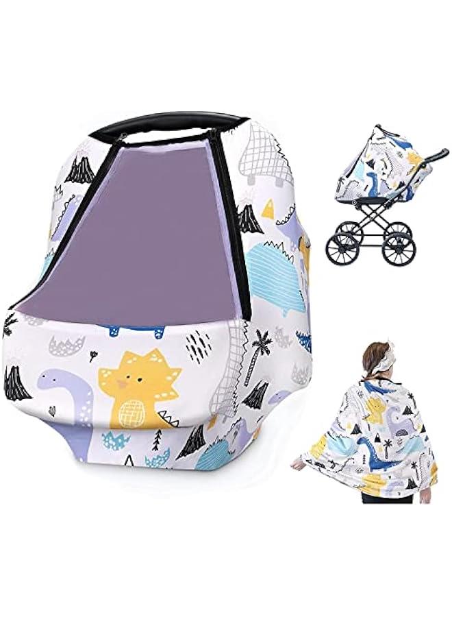 Baby Nursing Cover, Multi-Use Breastfeeding Covers, 360° Full Privacy Baby Car Seat Cover Canopy, Zipped Window Baby Stroller Cover, for Boys &Girls-Dinosaur