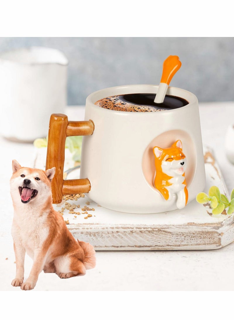 Ceramic Cute Dog Coffee Mugs, Shiba Inu Tea Mug Office Cup Cute 3D Dogs Design Milk Cup with Lid Spoon, Cute Cups Novelty Coffee Tea Milk Mug