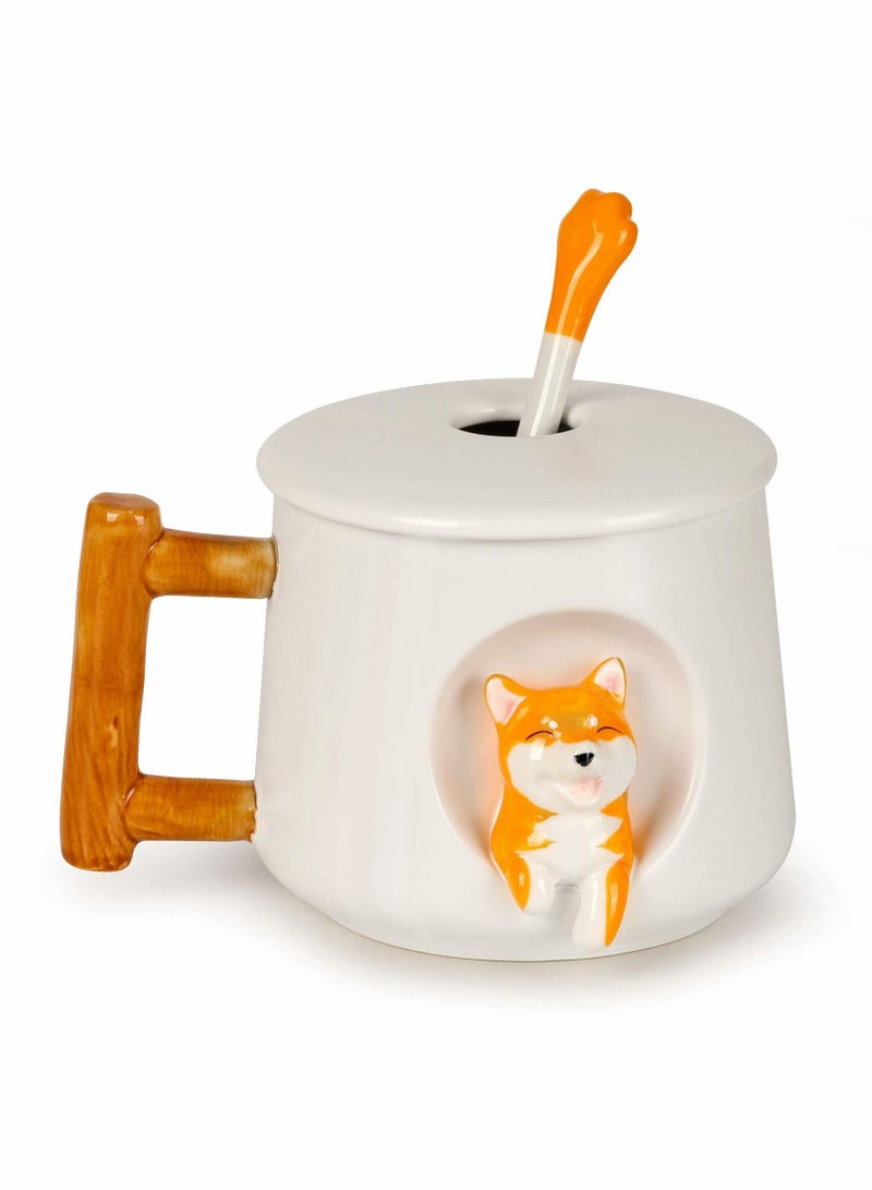 Ceramic Cute Dog Coffee Mugs, Shiba Inu Tea Mug Office Cup Cute 3D Dogs Design Milk Cup with Lid Spoon, Cute Cups Novelty Coffee Tea Milk Mug