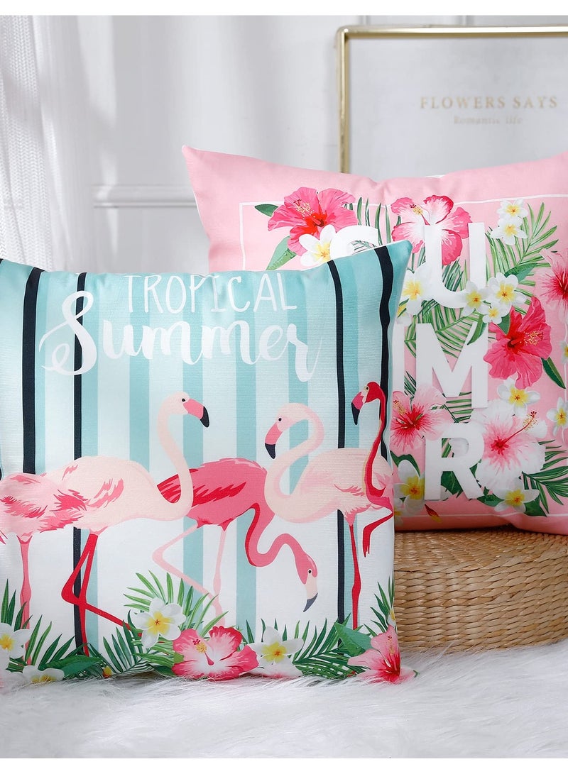 4 Pcs Flamingo Throw Pillow Covers, 18 X 18 Inch Decorative Pink Bird Pillowcases Tropical Leaves Cushion Covers for Sofa Couch Summer Holiday Home Decor (Sets A)