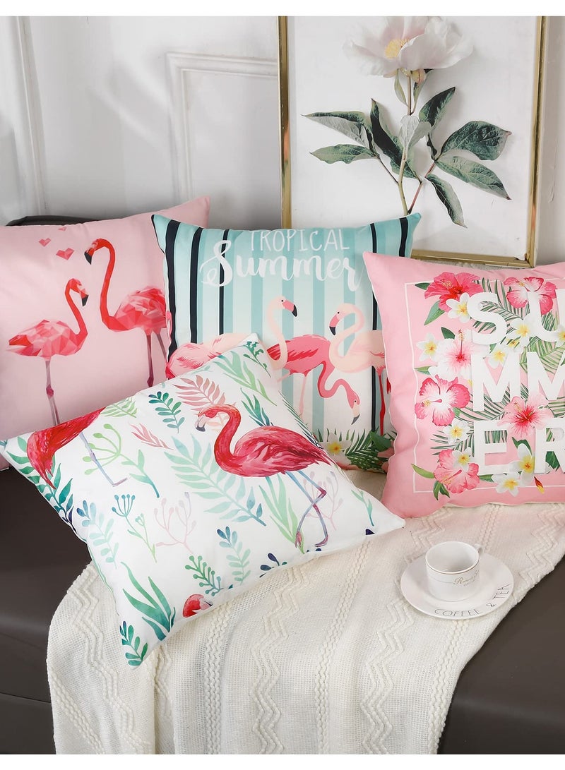 4 Pcs Flamingo Throw Pillow Covers, 18 X 18 Inch Decorative Pink Bird Pillowcases Tropical Leaves Cushion Covers for Sofa Couch Summer Holiday Home Decor (Sets A)