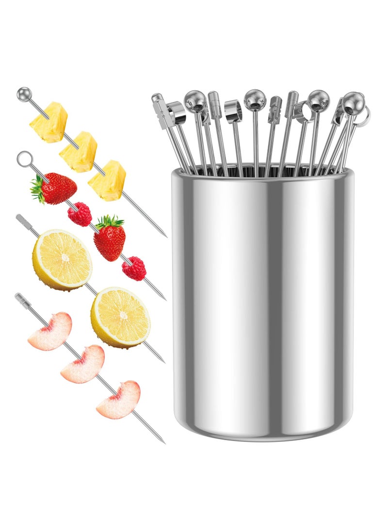 Metal Cocktail Picks, Cocktail Sticks with Holder Kit, 4.3 Inch Reusable Stainless Steel Drink Stick with Storage Cup for Bar party, Barbeque Snacks, Club sandwiches, Olives Fruits