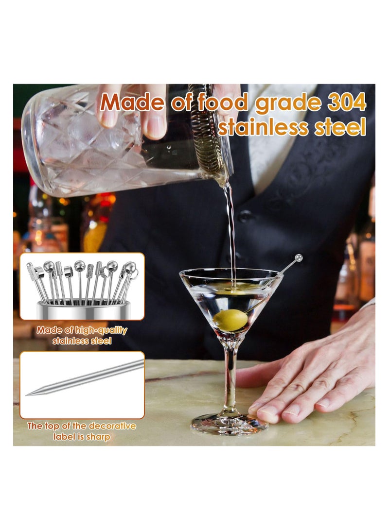 Metal Cocktail Picks, Cocktail Sticks with Holder Kit, 4.3 Inch Reusable Stainless Steel Drink Stick with Storage Cup for Bar party, Barbeque Snacks, Club sandwiches, Olives Fruits