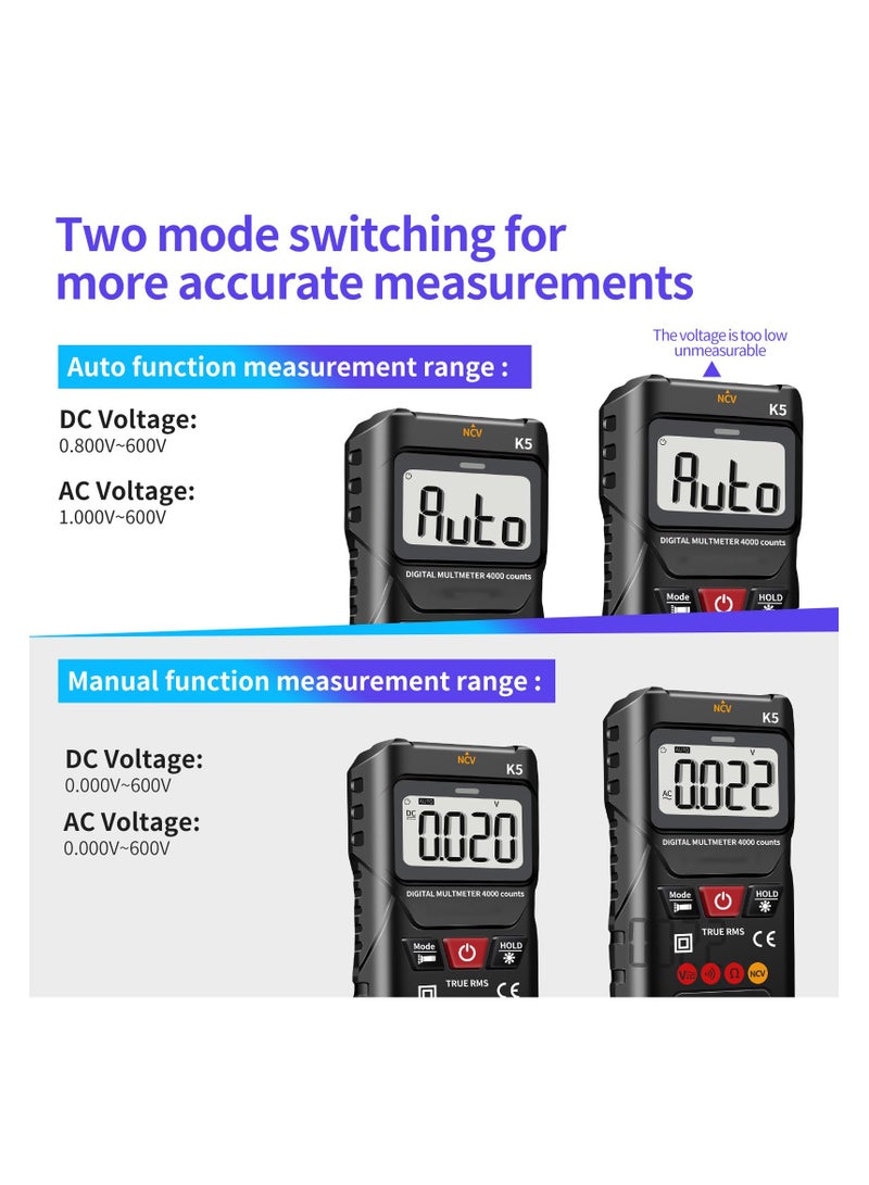 Digital Multimeter, 4000 Counts, Smart Measurement, Auto-Ranging Voltmeter, Voltage Tester with Non-Contact Voltage Function, Measures AC/DC Voltage, Resistance, Continuity for Car Home Appliances