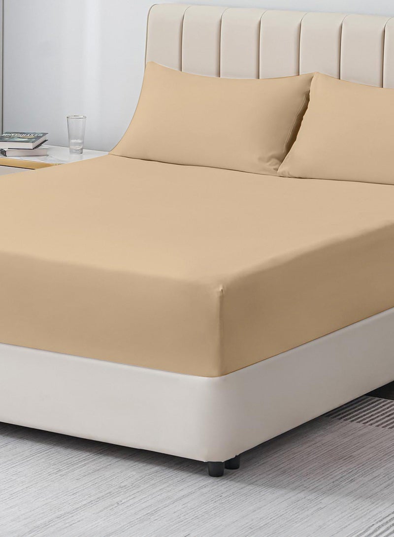 Double Plain Fitted Sheet with 2 Pillow Case 160 x 200 Cm Beige
