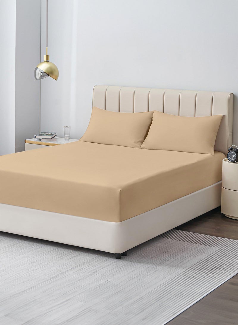 Double Plain Fitted Sheet with 2 Pillow Case 160 x 200 Cm Beige