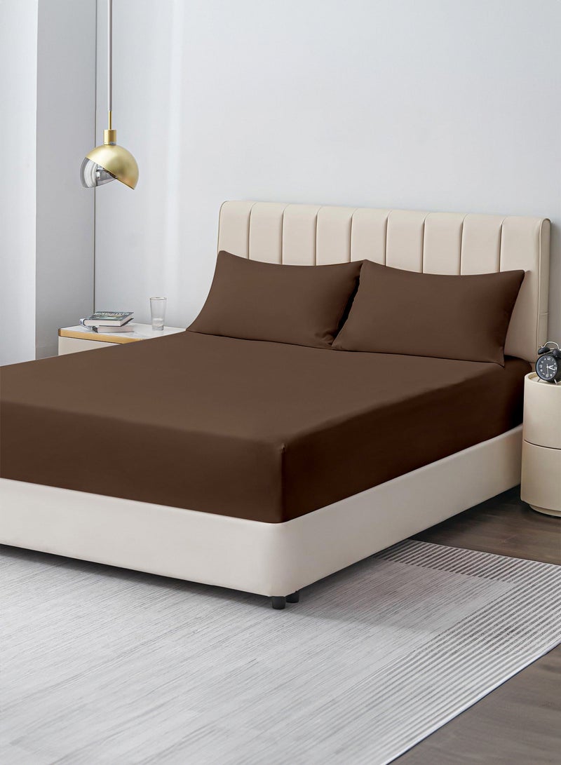 Double Plain Fitted Sheet with 2 Pillow Case 160 x 200 Cm Coffee Brown