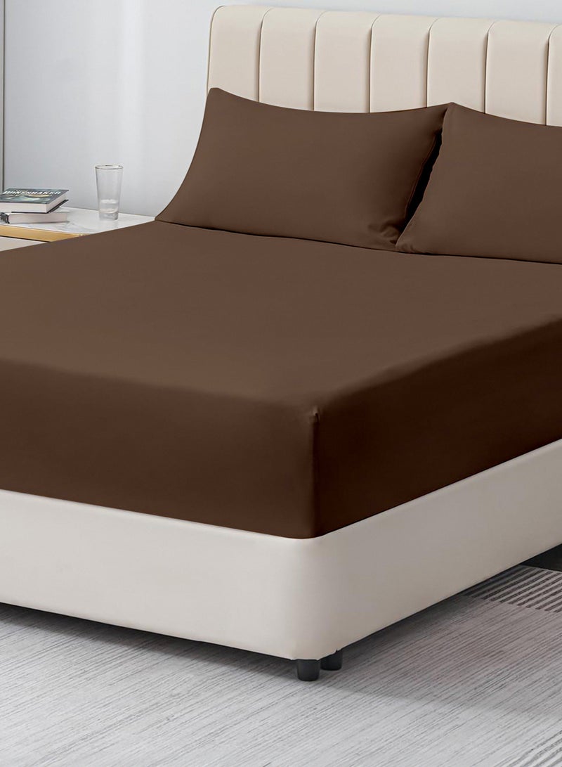 Double Plain Fitted Sheet with 2 Pillow Case 160 x 200 Cm Coffee Brown