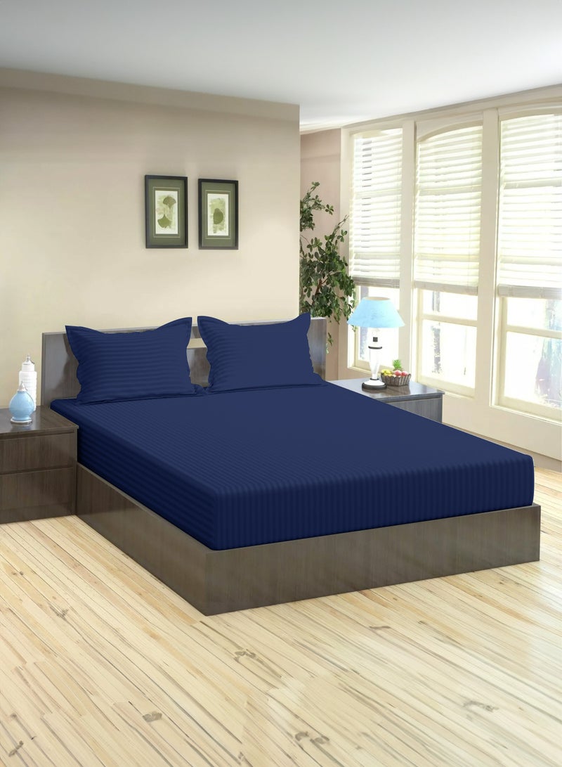 Queen Striped Fitted Sheet with 2 Pillow Case 180 x 200 Cm Navy Blue
