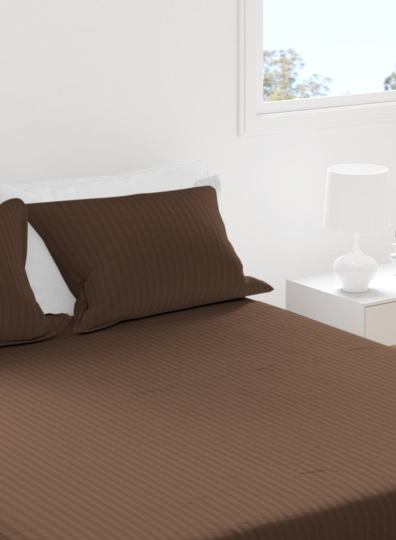Double Striped Fitted Sheet with 2 Pillow Case 160 x 200 Cm Coffee Brown