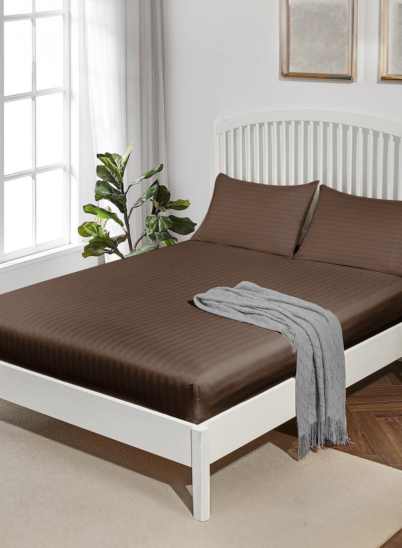 Double Striped Fitted Sheet with 2 Pillow Case 160 x 200 Cm Coffee Brown