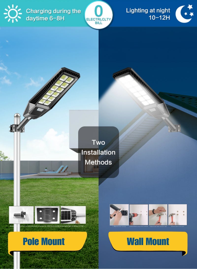 400W Solar LED Street Light Outdoor Black | Remote Control | Wide Angle Radar Sensor | 6500K Bright White Dusk to Dawn Light | 13500MAh Battery | IP65 Waterproof | Street, Yard, Parking Lot