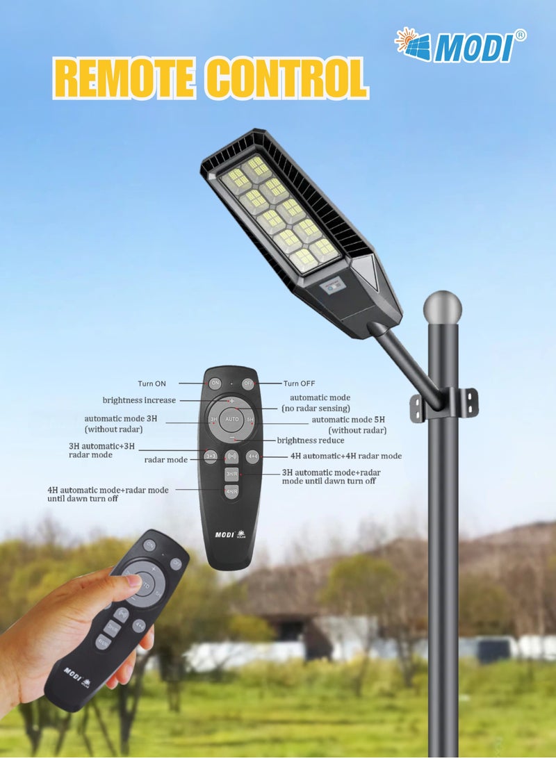 400W Solar LED Street Light Outdoor Black | Remote Control | Wide Angle Radar Sensor | 6500K Bright White Dusk to Dawn Light | 13500MAh Battery | IP65 Waterproof | Street, Yard, Parking Lot