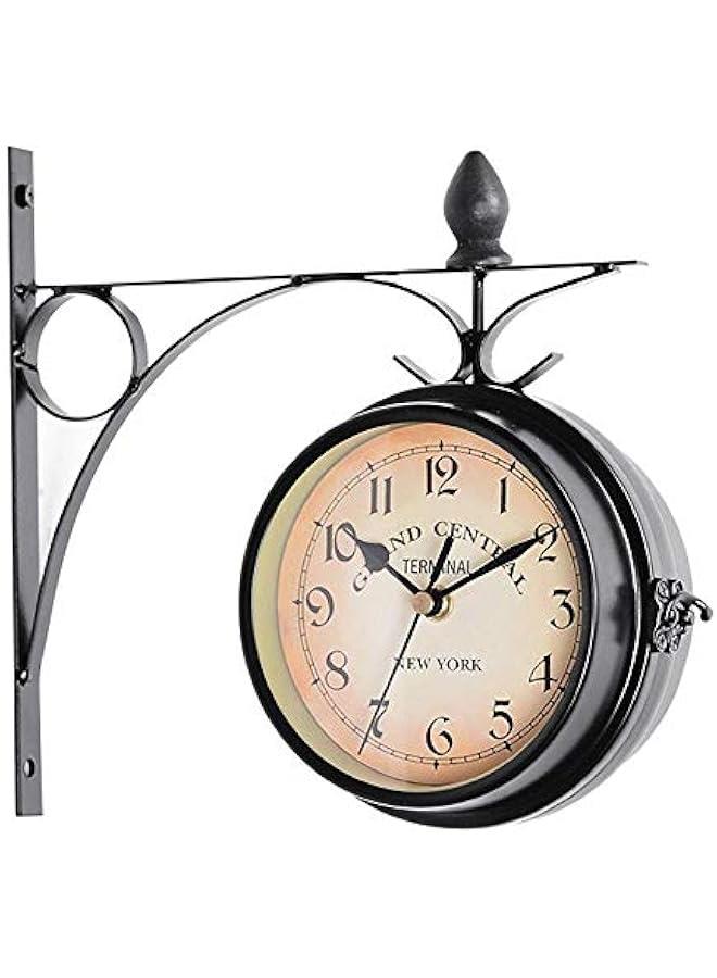 Garden Clocks Outdoor Waterproof, Wrought Iron Vintage Decorative Double-Sided Outdoor Clocks for The Garden Wall Mounted Battery Powered Metal Hanger Outside Clock Coffee Bar Round Station A