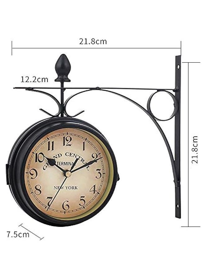 Garden Clocks Outdoor Waterproof, Wrought Iron Vintage Decorative Double-Sided Outdoor Clocks for The Garden Wall Mounted Battery Powered Metal Hanger Outside Clock Coffee Bar Round Station A