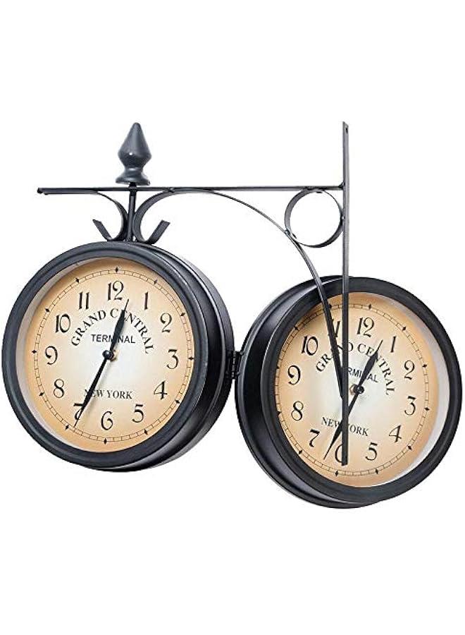 Garden Clocks Outdoor Waterproof, Wrought Iron Vintage Decorative Double-Sided Outdoor Clocks for The Garden Wall Mounted Battery Powered Metal Hanger Outside Clock Coffee Bar Round Station A