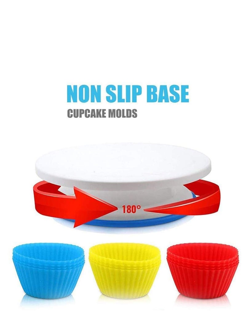 Cake Decorating Supplies Kit, 107 pieces - Cake Stand, Disposable and Reusable Piping Bags, Stainless Steel Piping Tips, Silicone Cupcake Molds, Cake Scrapers, Spatulas