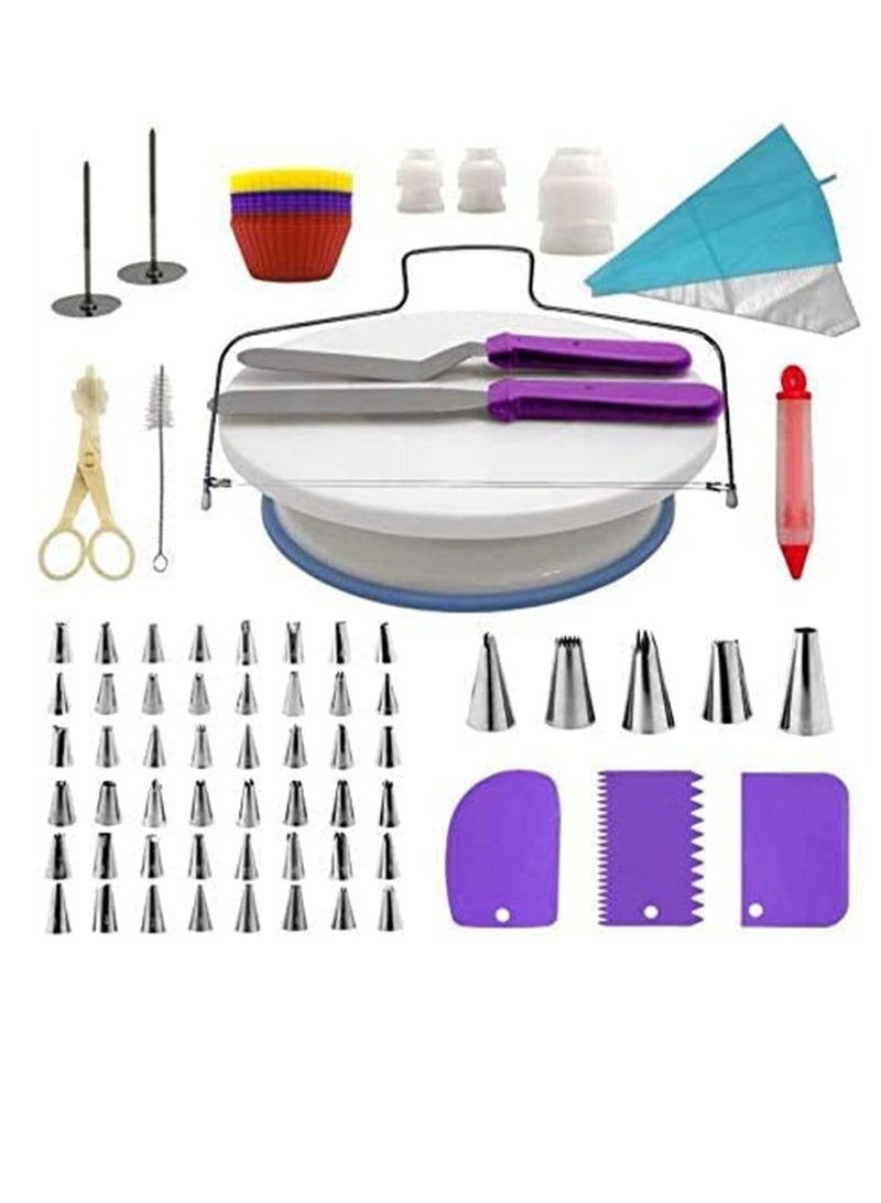 Cake Decorating Supplies Kit, 107 pieces - Cake Stand, Disposable and Reusable Piping Bags, Stainless Steel Piping Tips, Silicone Cupcake Molds, Cake Scrapers, Spatulas