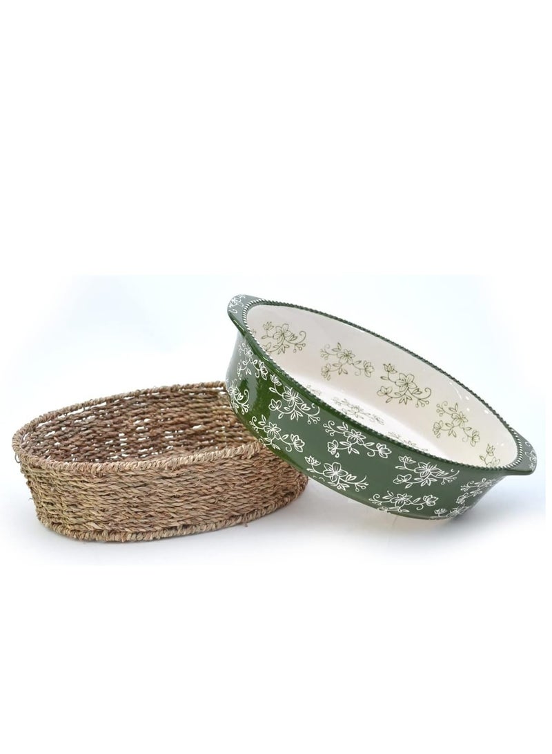 temp-tations® Floral Lace Oval Baker with Banana Grass Woven Basket - Green