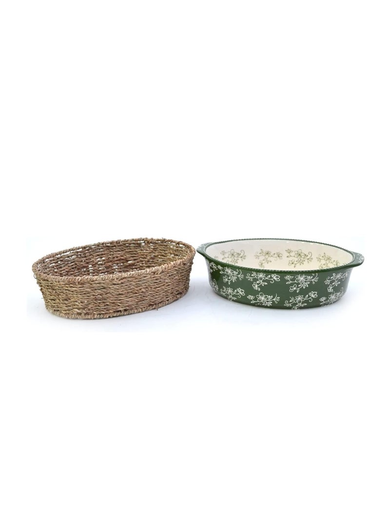 temp-tations® Floral Lace Oval Baker with Banana Grass Woven Basket - Green