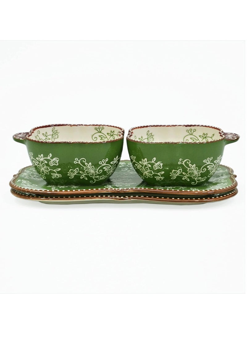 temp-tations® Floral Lace Bakeware Set,Set of 2 Square Soup and Sandwich Set- Green