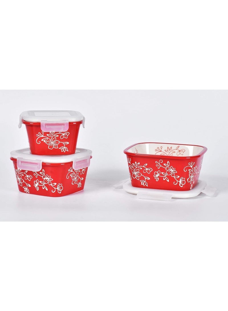 temp-tations® Floral Lace Nesting Square Ceramic Containers with Lid - 3 Piece - Red