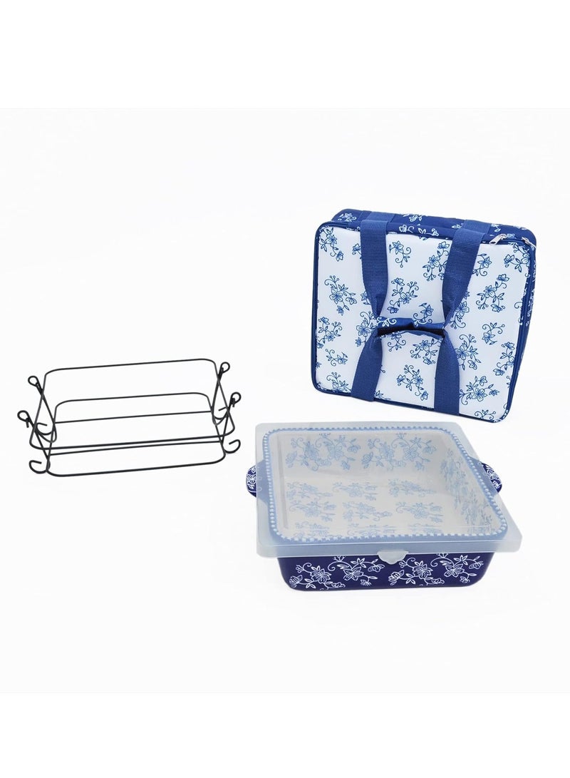 temp-tations® Floral Lace Bakeware Set,Take Baker Square Bakers with Tote Bag-Blue