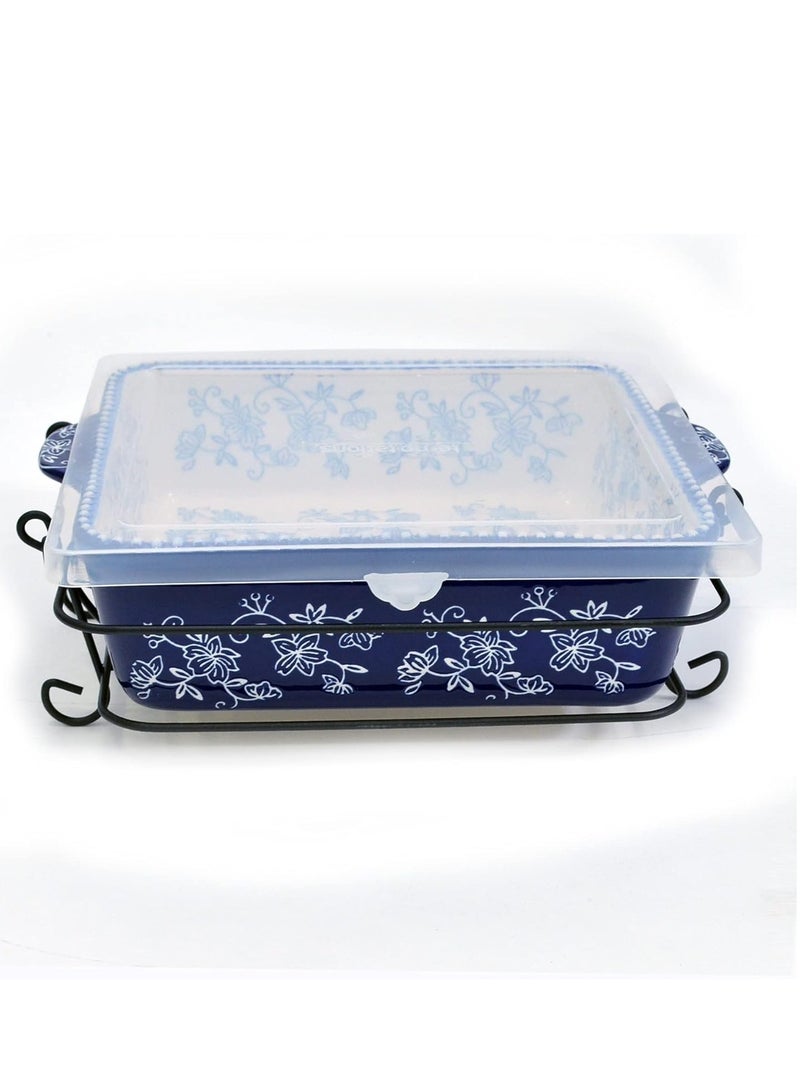 temp-tations® Floral Lace Bakeware Set,Take Baker Square Bakers with Tote Bag-Blue