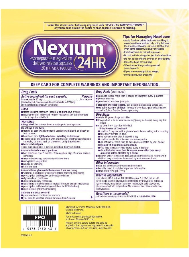 Nexium 24 Hr Acid Reducer 20 Mg 42 Capsules (Pack of 3)