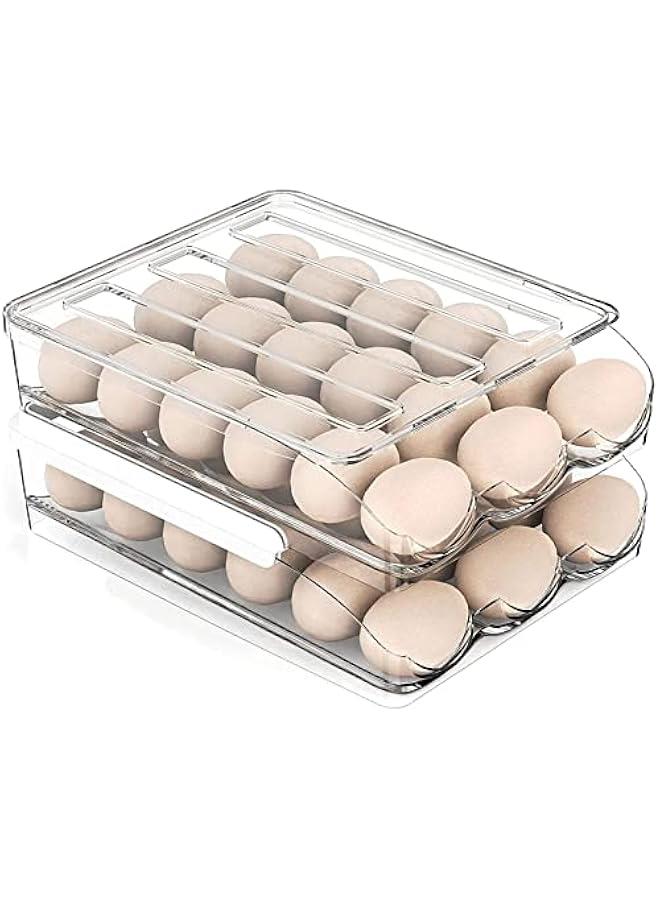 Egg Holder for Fridge, 36 Grid Auto Rolling Egg Container Tray, Large Capacity Egg Storage with Lid, Egg Storage for Fridge Storage Organizer for Kitchen (2 Layer)