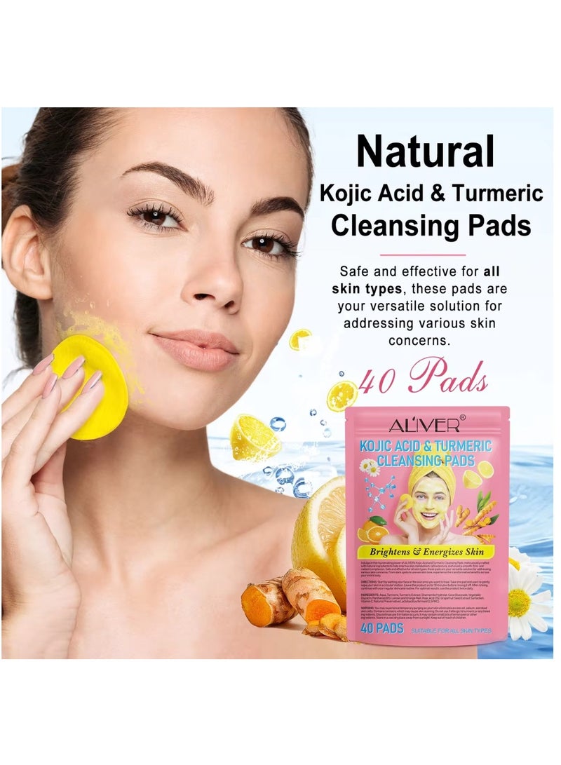 120 Pcs(Three Packs) Kojic Acid & Turmeric Cleansing Pads for Dark Spots Turmeric Kojic Acid Cleansing Pads Helps Balance Skin Oil & Water Fade Spot Remove Excess Keratin Clean Oil Refines Pores