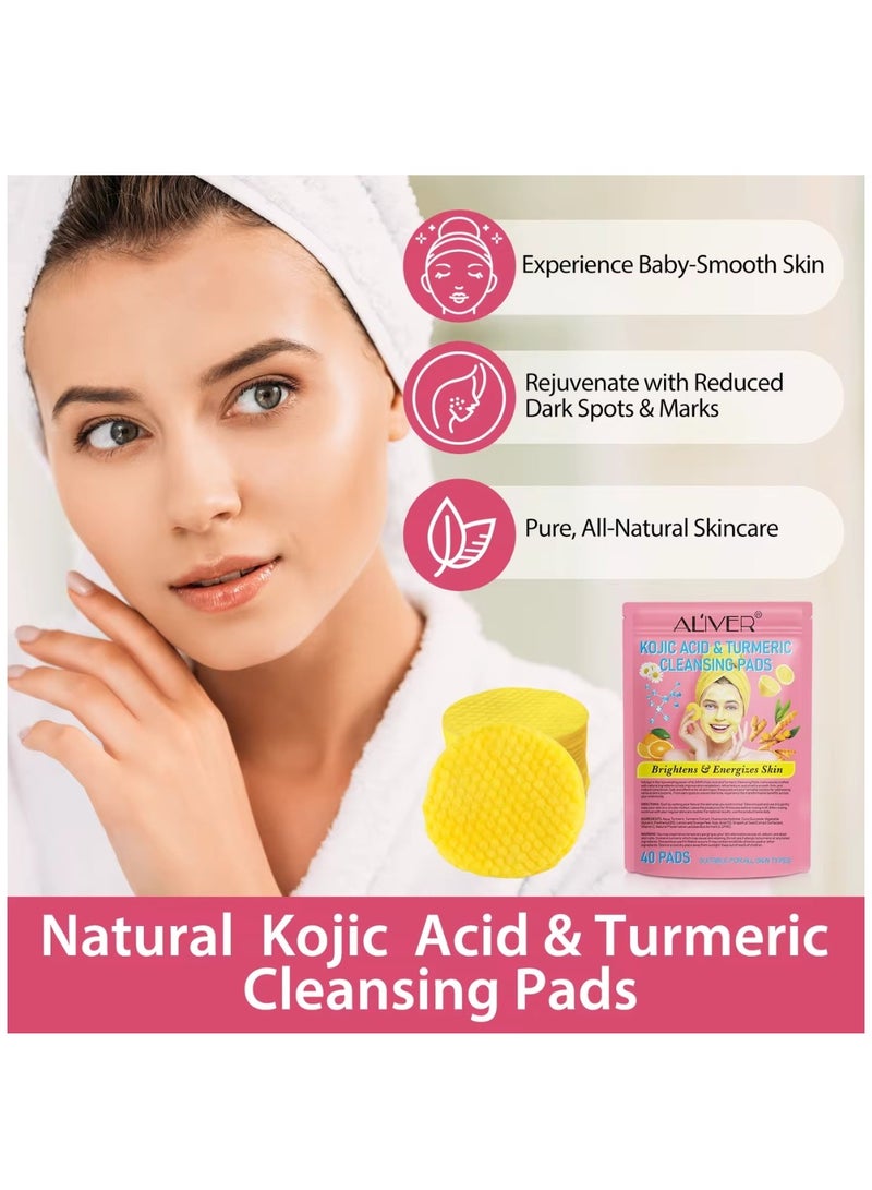 120 Pcs(Three Packs) Kojic Acid & Turmeric Cleansing Pads for Dark Spots Turmeric Kojic Acid Cleansing Pads Helps Balance Skin Oil & Water Fade Spot Remove Excess Keratin Clean Oil Refines Pores