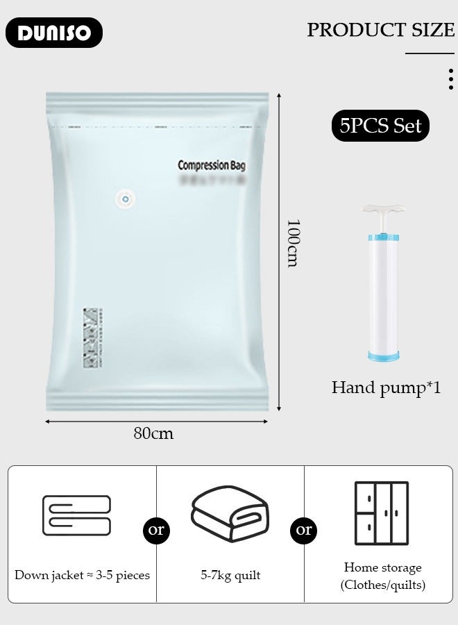 100*80 cm Vacuum Storage Bags-5 Compression Bags Pump Needed Reusable Compression Bags Space Saver Home Packing Organizers for Packing, Clothes, Comforters, Blankets