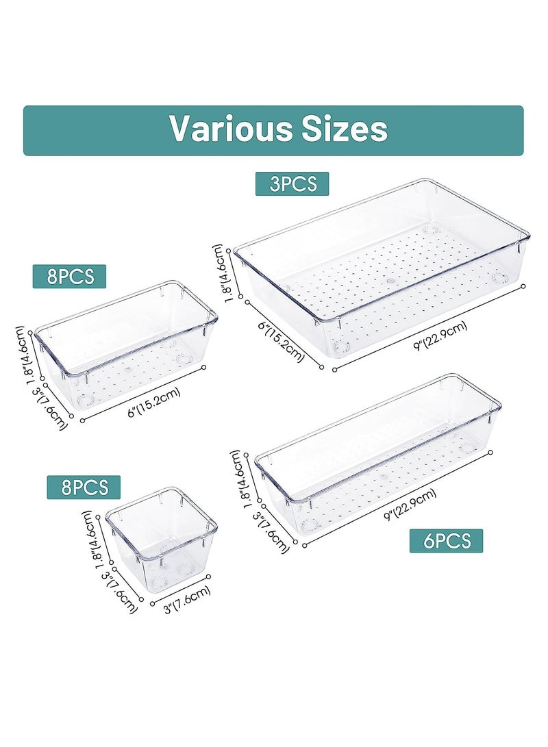 25 PCS Clear Plastic Drawer Organizer Set, 4 Sizes Desk Drawer Divider Organizers and Storage Bins for Makeup, Jewelry, Gadgets for Kitchen, Bedroom, Bathroom, Office (Clear)