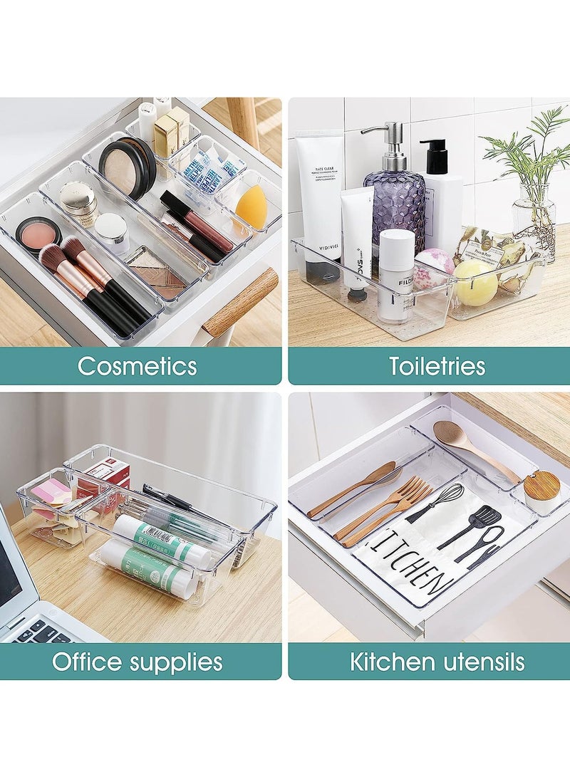 25 PCS Clear Plastic Drawer Organizer Set, 4 Sizes Desk Drawer Divider Organizers and Storage Bins for Makeup, Jewelry, Gadgets for Kitchen, Bedroom, Bathroom, Office (Clear)