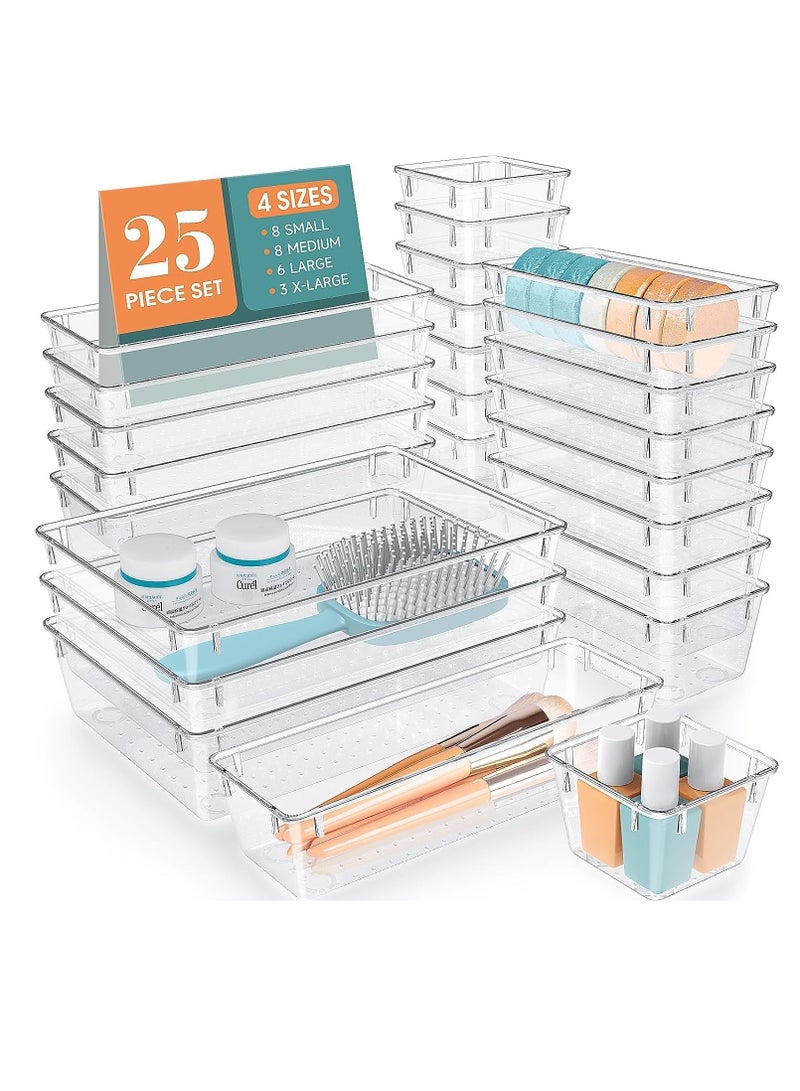 25 PCS Clear Plastic Drawer Organizer Set, 4 Sizes Desk Drawer Divider Organizers and Storage Bins for Makeup, Jewelry, Gadgets for Kitchen, Bedroom, Bathroom, Office (Clear)
