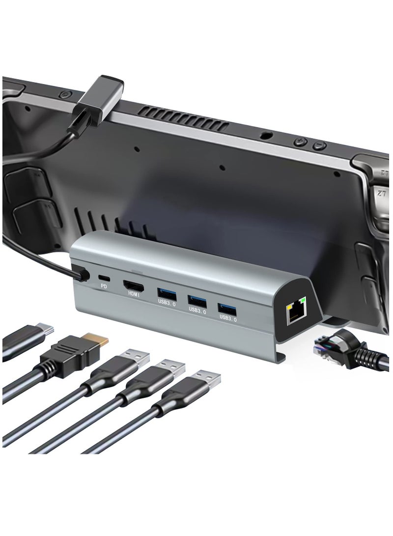 6-in-1 Steam Deck Docking Station with HDMI 2.0 for 4K@60Hz, Gigabit Ethernet, 3 USB 3.0 Ports, and USB-C PD Port - Premium Aluminum Alloy Accessory for Steam Deck.