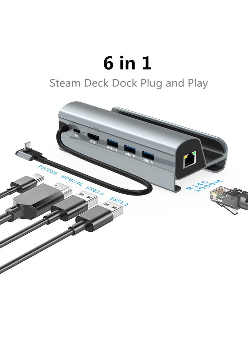 6-in-1 Steam Deck Docking Station with HDMI 2.0 for 4K@60Hz, Gigabit Ethernet, 3 USB 3.0 Ports, and USB-C PD Port - Premium Aluminum Alloy Accessory for Steam Deck.