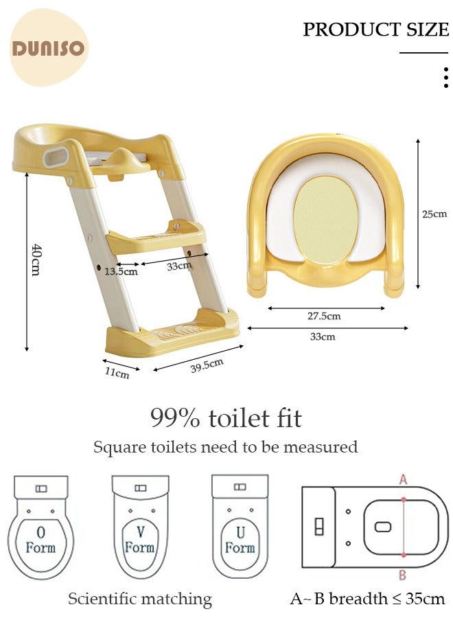 Kids' Potty Training Toilet Seat , Toddler Toilet Seat With Step Stool Ladder, Foldable Toddler Potty Seat For Toilet With Non-Slip Design, Adjustable Height For Baby Kids 2 To 5 Years Boys Girls Yellow Pvc Soft