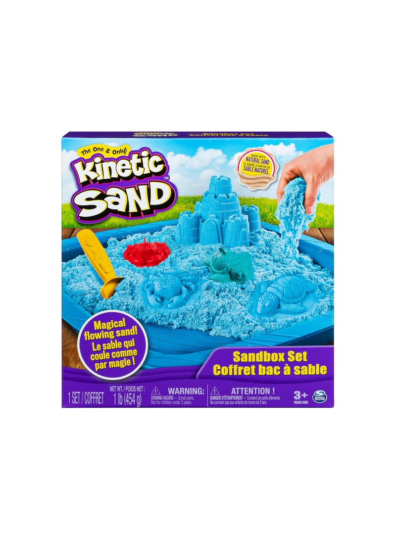 Kinetic Sand Sandbox Set Kids Toy with 1lb All Natural Blue and 3 Molds Sensory Toys