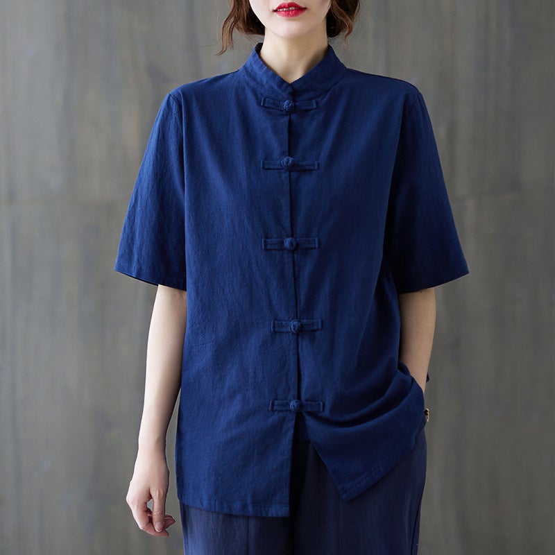 Cotton Linen Chinese Style Tang Suit Set9066 navy blue top-short sleeve 9066 navy blue top-short sleeve