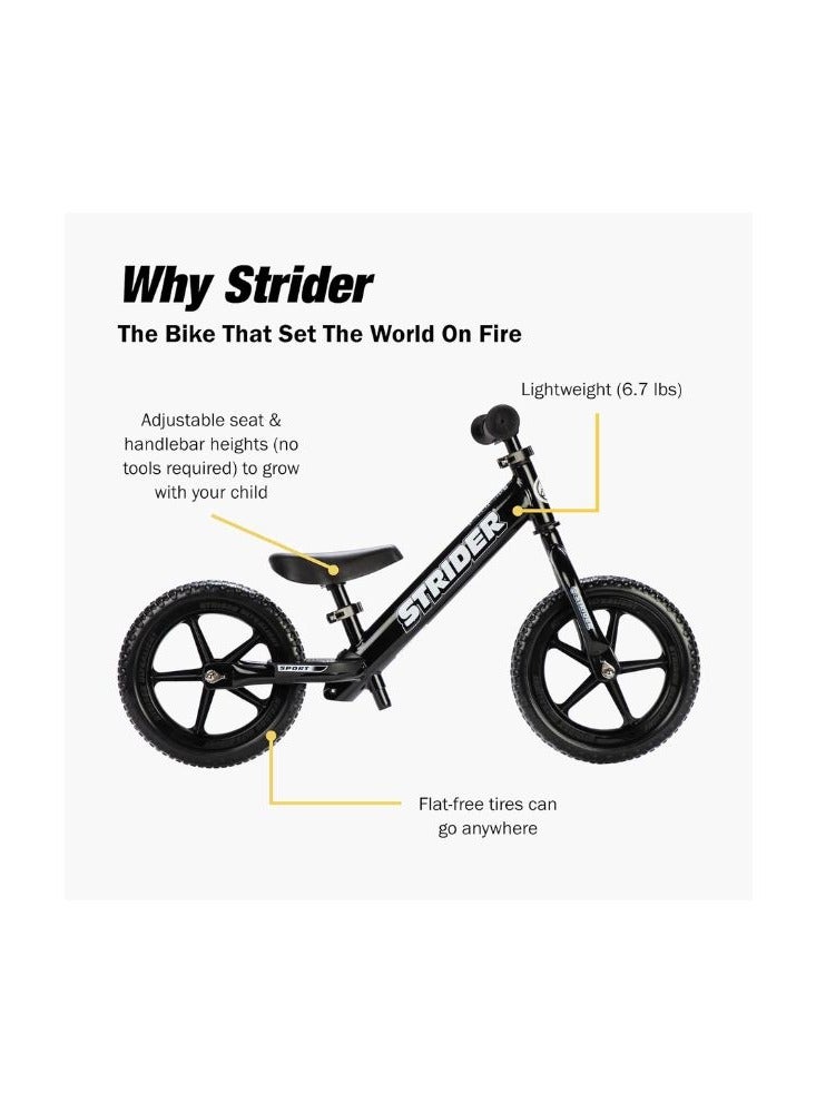 Strider 12” Sport Bike - No Pedal Balance Bicycle for Kids 18 Months to 5 Years - Includes Safety Pad, Padded Seat, Mini Grips & Flat-Free Tires - Tool-Free Assembly & Adjustments